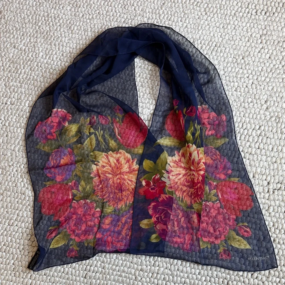 Vintage Ellen Tracy Silk Floral Navy Scarf